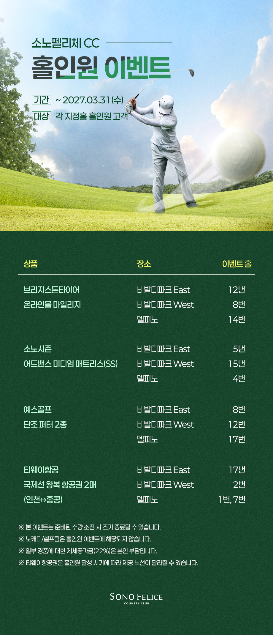 골프 홀인원 이벤트 경품 행사 소노CC